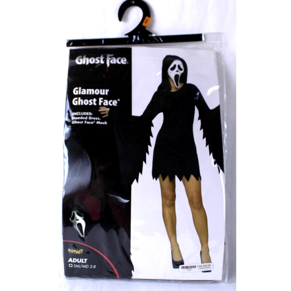 Ghost Face Glamour Costume Adult S/M 2-8 Spirit Halloween Scream Dress Mask